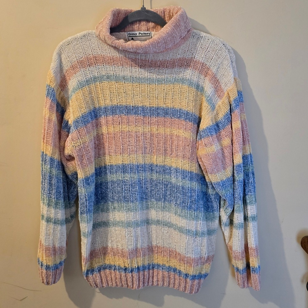Gina Peters Vintage Pastel Striped Chenille Turtleneck Sweater Pink Blue Yellow